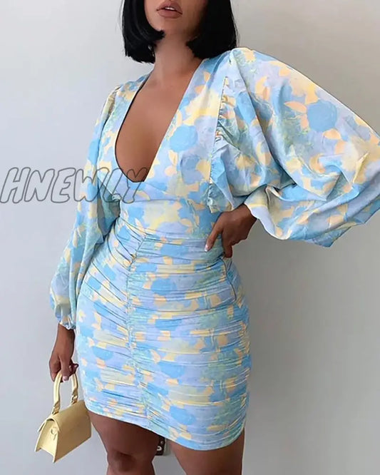 Hnewly Summer Women Ruched Floral Spring Shirring Mini Dress Femme Boho Vetement Office Lady Outfits Y2K Beach Robe Vestidos Going Out Outfits