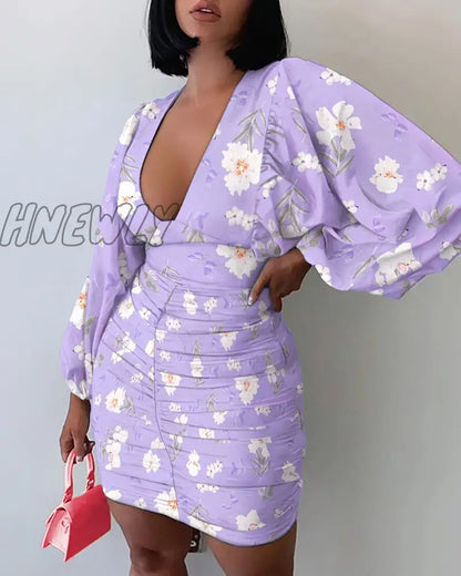 Hnewly Summer Women Ruched Floral Spring Shirring Mini Dress Femme Boho Vetement Office Lady Outfits Y2K Beach Robe Vestidos Going Out Outfits