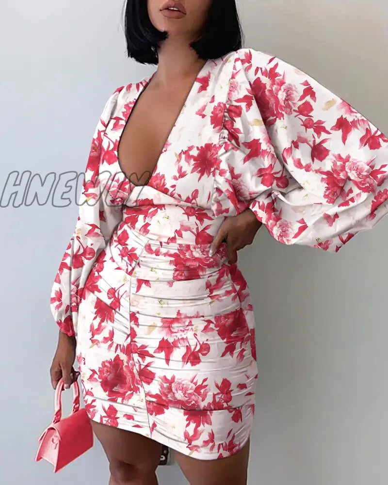 Hnewly Summer Women Ruched Floral Spring Shirring Mini Dress Femme Boho Vetement Office Lady Outfits Y2K Beach Robe Vestidos Going Out Outfits