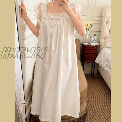 Hnewly Summer Women Sleepwear Cotton Princess Dress White Sleeveless Nightdress Vintage Lady Girl Lace Nightgowns Pajamas Nightwear