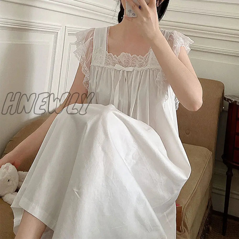 Hnewly Summer Women Sleepwear Cotton Princess Dress White Sleeveless Nightdress Vintage Lady Girl Lace Nightgowns Pajamas Nightwear