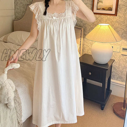 Hnewly Summer Women Sleepwear Cotton Princess Dress White Sleeveless Nightdress Vintage Lady Girl Lace Nightgowns Pajamas Nightwear