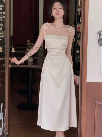 Hnewly Summer Women Spaghetti Strap Elegant Midi Satin Dresses Wedding Evening Birthday Holiday Backless Prom Clothes New