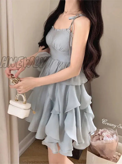 Hnewly Summer Women Sundress Suspenders Ruffles Fairy Dress Elegant Feminine Holiday Beach Romantic Dress traf robe платье