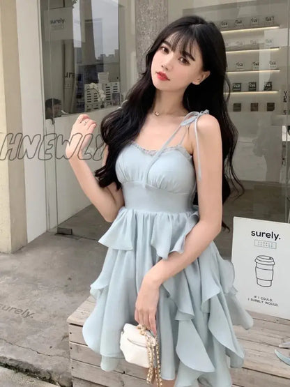 Hnewly Summer Women Sundress Suspenders Ruffles Fairy Dress Elegant Feminine Holiday Beach Romantic Dress traf robe платье