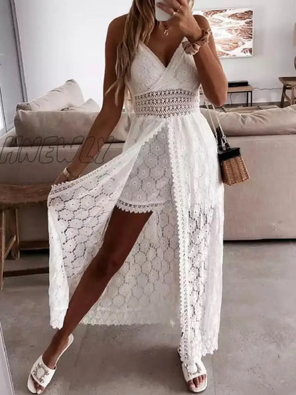 xsrrr Summer Women Suspender Playsuit Dress Casual Sleeveless Hollow Out Floral Lace Sling Sundress Party Street Beach Outfit