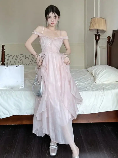 xsrrr Summer Women Sweet Pink Fairy Chiffon Midi Dress Korean Elegant One-piece A-Line Vestidos Female Clothing Mujers