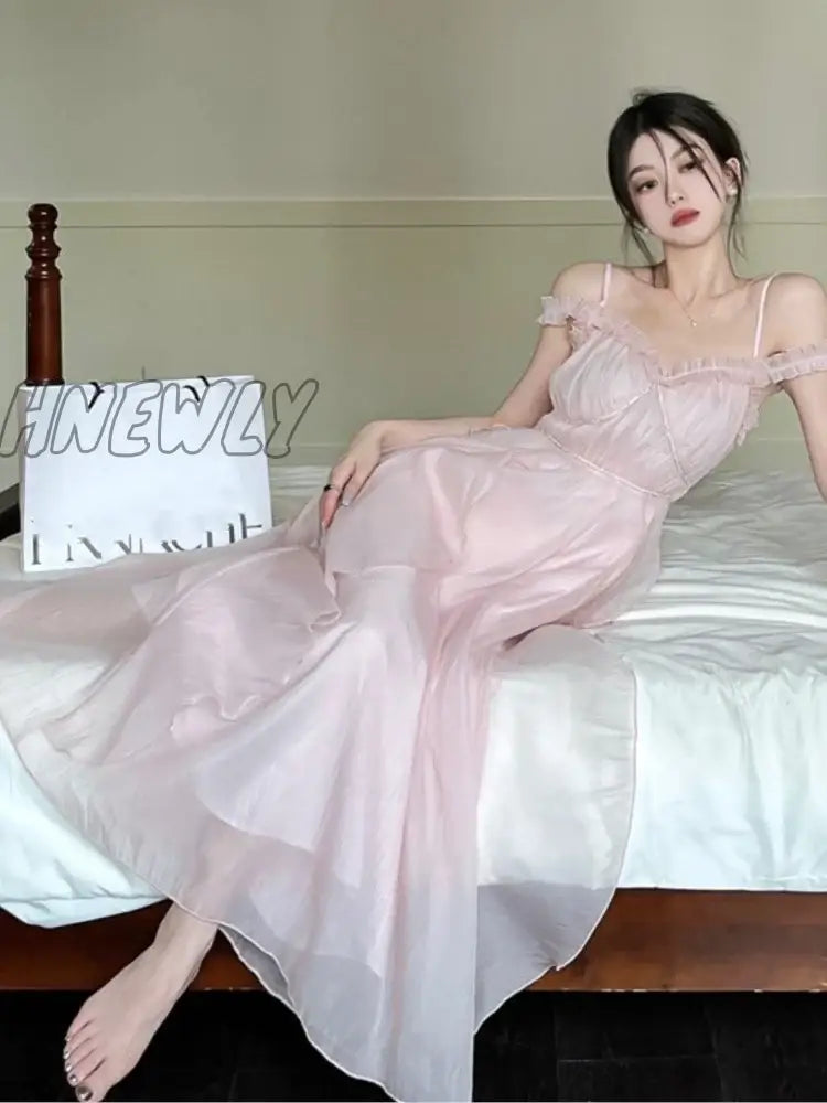 xsrrr Summer Women Sweet Pink Fairy Chiffon Midi Dress Korean Elegant One-piece A-Line Vestidos Female Clothing Mujers