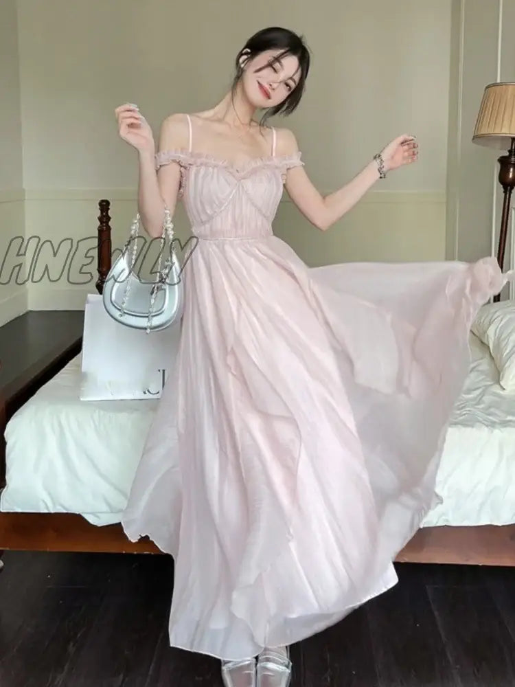 xsrrr Summer Women Sweet Pink Fairy Chiffon Midi Dress Korean Elegant One-piece A-Line Vestidos Female Clothing Mujers