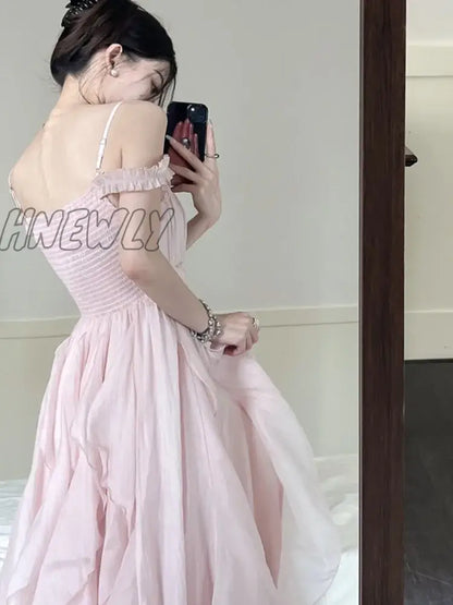 xsrrr Summer Women Sweet Pink Fairy Chiffon Midi Dress Korean Elegant One-piece A-Line Vestidos Female Clothing Mujers