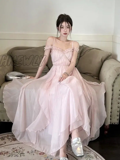 xsrrr Summer Women Sweet Pink Fairy Chiffon Midi Dress Korean Elegant One-piece A-Line Vestidos Female Clothing Mujers