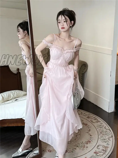 xsrrr Summer Women Sweet Pink Fairy Chiffon Midi Dress Korean Elegant One-piece A-Line Vestidos Female Clothing Mujers