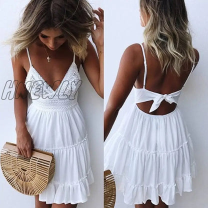 xsrrr Summer Women White Lace Halter Dress Sexy Backless Beach Dresses Fashion Sleeveless Spaghetti Strap Casual Mini Sundress Outfit