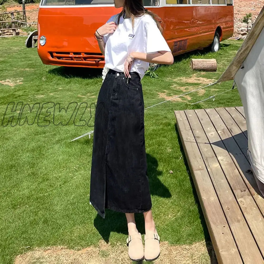 xsrrr Summer Women's Denim Midi Skirt Korean High Waist Front Slit Long Skirts Women Y2K Streetwear Casual Loose Straight Skirt