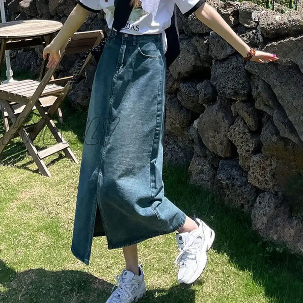 xsrrr Summer Women's Denim Midi Skirt Korean High Waist Front Slit Long Skirts Women Y2K Streetwear Casual Loose Straight Skirt