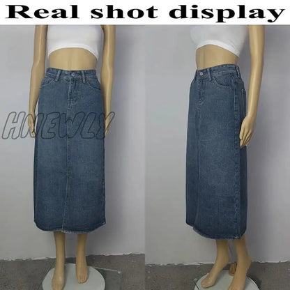 xsrrr Summer Women's Denim Midi Skirt Korean High Waist Front Slit Long Skirts Women Y2K Streetwear Casual Loose Straight Skirt