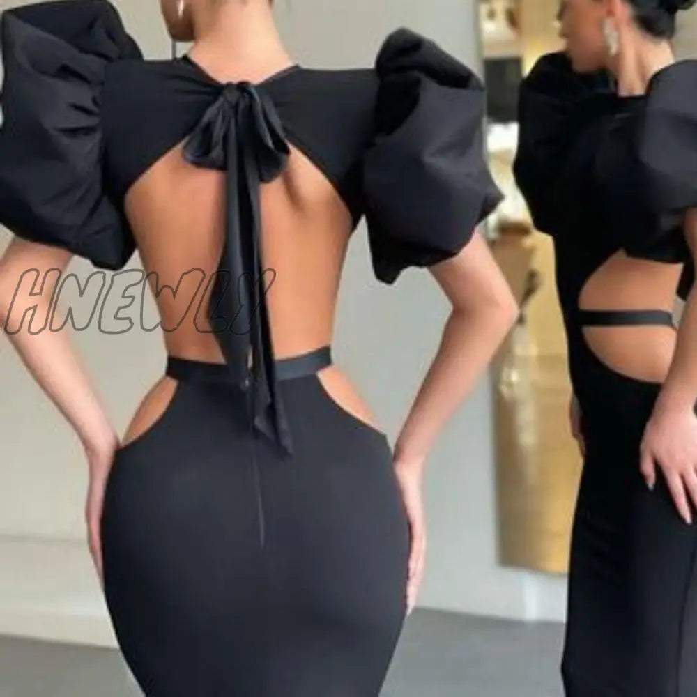 xsrrr Summer Women's Dress Fashion Cut Out Backless Evening Sexy Night Club Party Black Puff Sleeve Celebrity Long Formal Dress