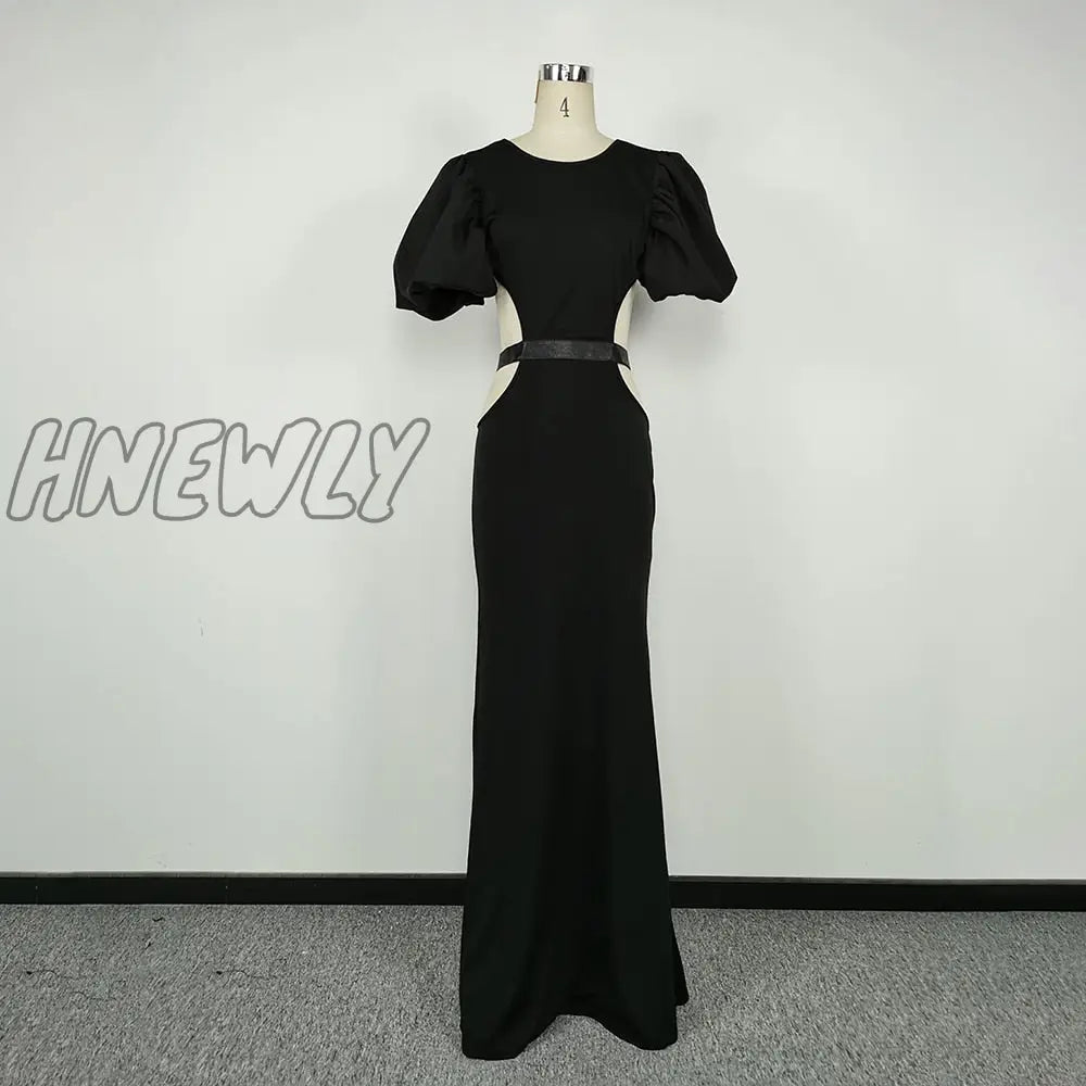 xsrrr Summer Women's Dress Fashion Cut Out Backless Evening Sexy Night Club Party Black Puff Sleeve Celebrity Long Formal Dress