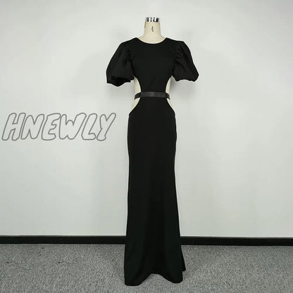 xsrrr Summer Women's Dress Fashion Cut Out Backless Evening Sexy Night Club Party Black Puff Sleeve Celebrity Long Formal Dress