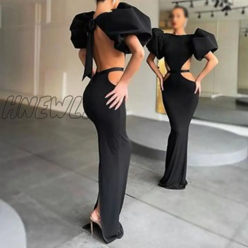 xsrrr Summer Women's Dress Fashion Cut Out Backless Evening Sexy Night Club Party Black Puff Sleeve Celebrity Long Formal Dress