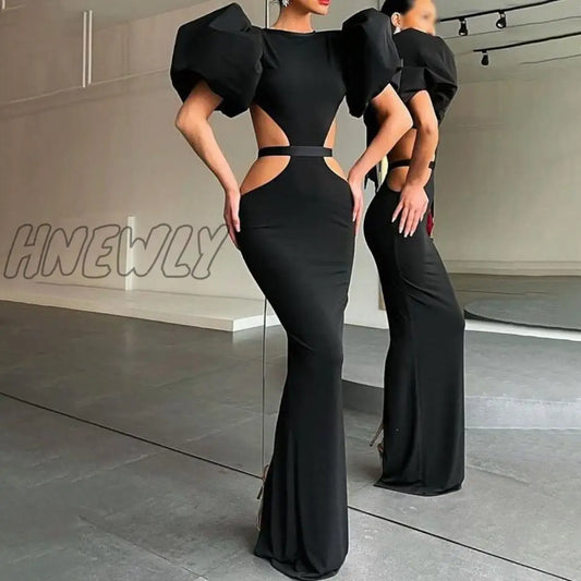 xsrrr Summer Women's Dress Fashion Cut Out Backless Evening Sexy Night Club Party Black Puff Sleeve Celebrity Long Formal Dress