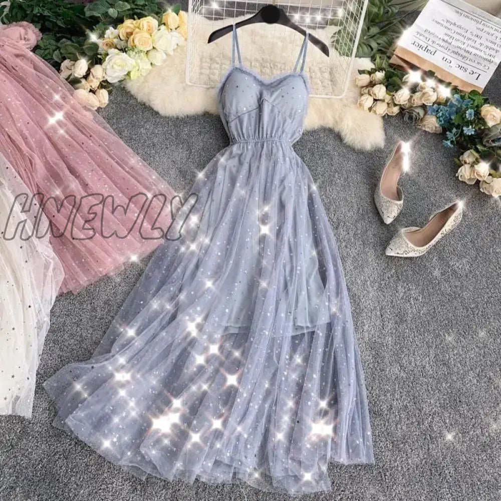 Hnewly Summer Women's Dress French Retro Solid Color V-neck Sequined Mesh Sling Dress New Waist Slimming Female Dresses