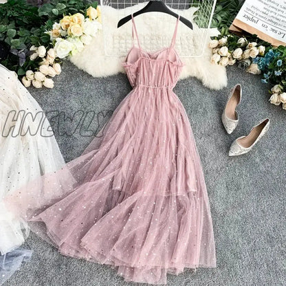 Hnewly Summer Women's Dress French Retro Solid Color V-neck Sequined Mesh Sling Dress New Waist Slimming Female Dresses