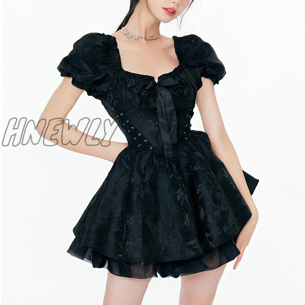 Hnewly Summer Women's Dress Lolita Tunic Mesh Escaping Princess Square Neck Advanced Party Bubble Sleeve Gift Vintage Mini Dress