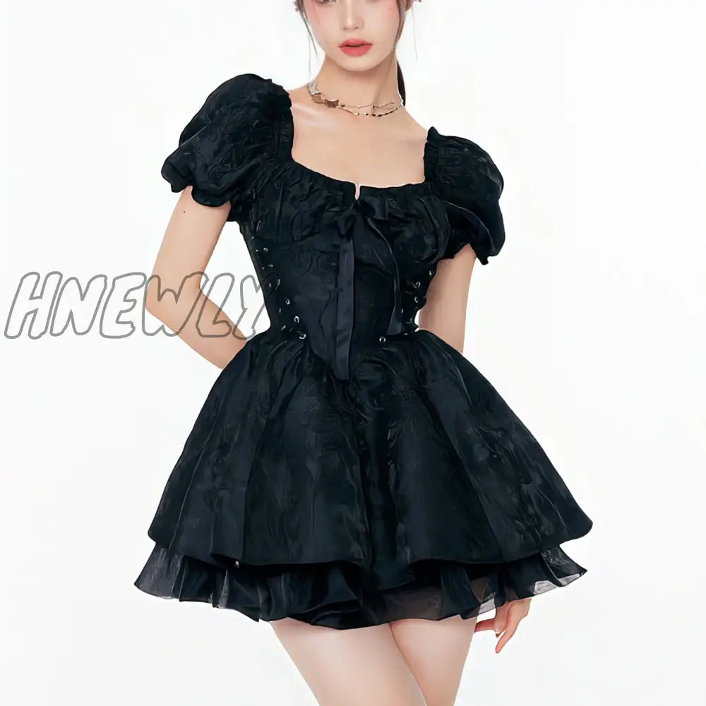 Hnewly Summer Women's Dress Lolita Tunic Mesh Escaping Princess Square Neck Advanced Party Bubble Sleeve Gift Vintage Mini Dress