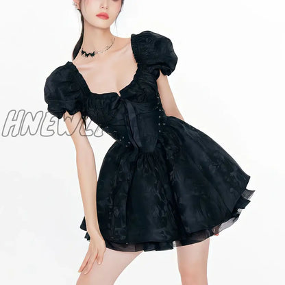 Hnewly Summer Women's Dress Lolita Tunic Mesh Escaping Princess Square Neck Advanced Party Bubble Sleeve Gift Vintage Mini Dress