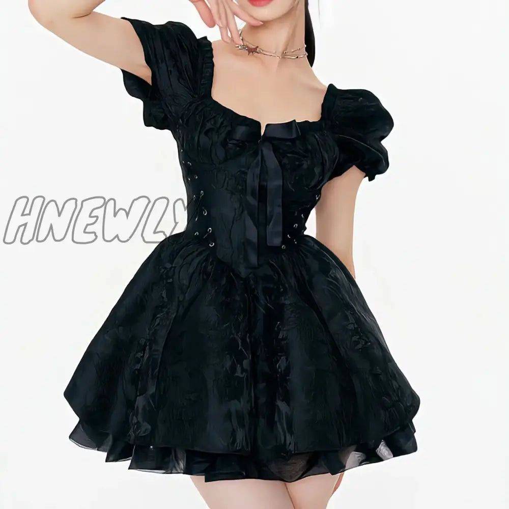 Hnewly Summer Women's Dress Lolita Tunic Mesh Escaping Princess Square Neck Advanced Party Bubble Sleeve Gift Vintage Mini Dress