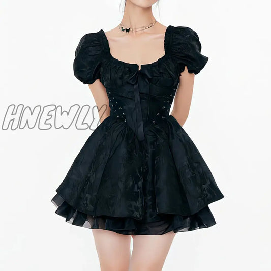 Hnewly Summer Women's Dress Lolita Tunic Mesh Escaping Princess Square Neck Advanced Party Bubble Sleeve Gift Vintage Mini Dress