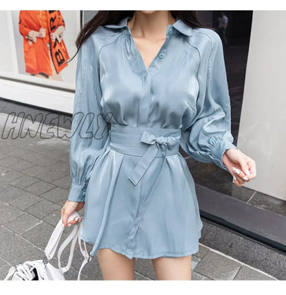 Hnewly Summer Women's Fashion Two-Piece Lantern Sleeves Turn-Down Collar Bow Lace-Up Long Shirt + Short Pant Two-Piece Set