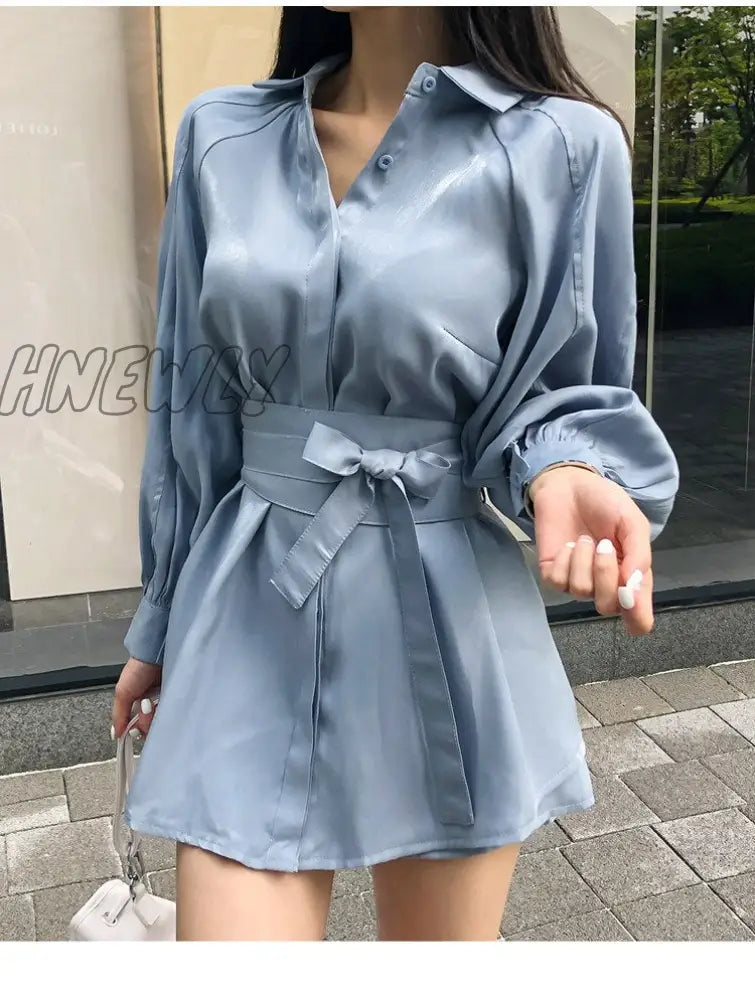 Hnewly Summer Women's Fashion Two-Piece Lantern Sleeves Turn-Down Collar Bow Lace-Up Long Shirt + Short Pant Two-Piece Set