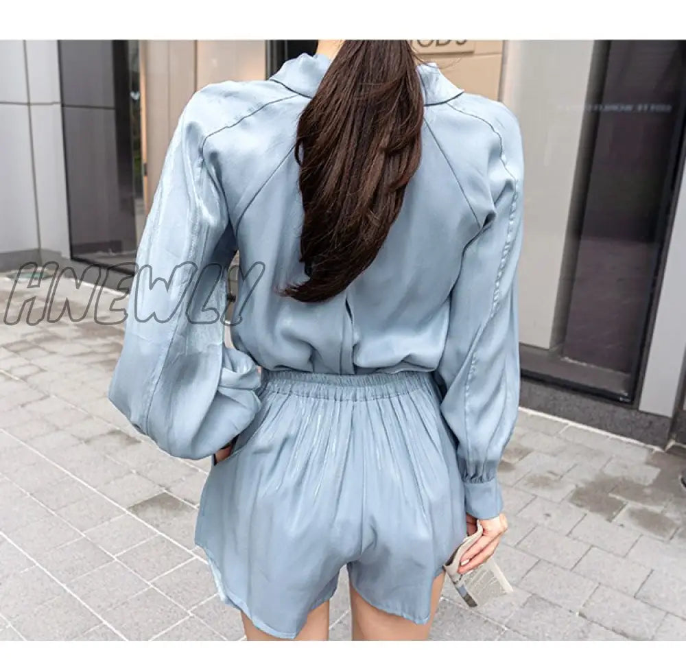 Hnewly Summer Women's Fashion Two-Piece Lantern Sleeves Turn-Down Collar Bow Lace-Up Long Shirt + Short Pant Two-Piece Set