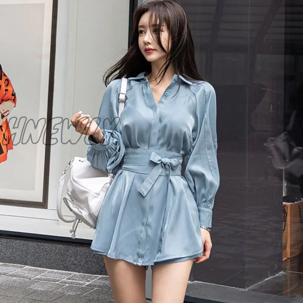 Hnewly Summer Women's Fashion Two-Piece Lantern Sleeves Turn-Down Collar Bow Lace-Up Long Shirt + Short Pant Two-Piece Set