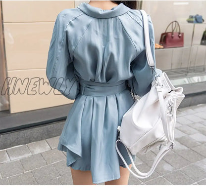 Hnewly Summer Women's Fashion Two-Piece Lantern Sleeves Turn-Down Collar Bow Lace-Up Long Shirt + Short Pant Two-Piece Set