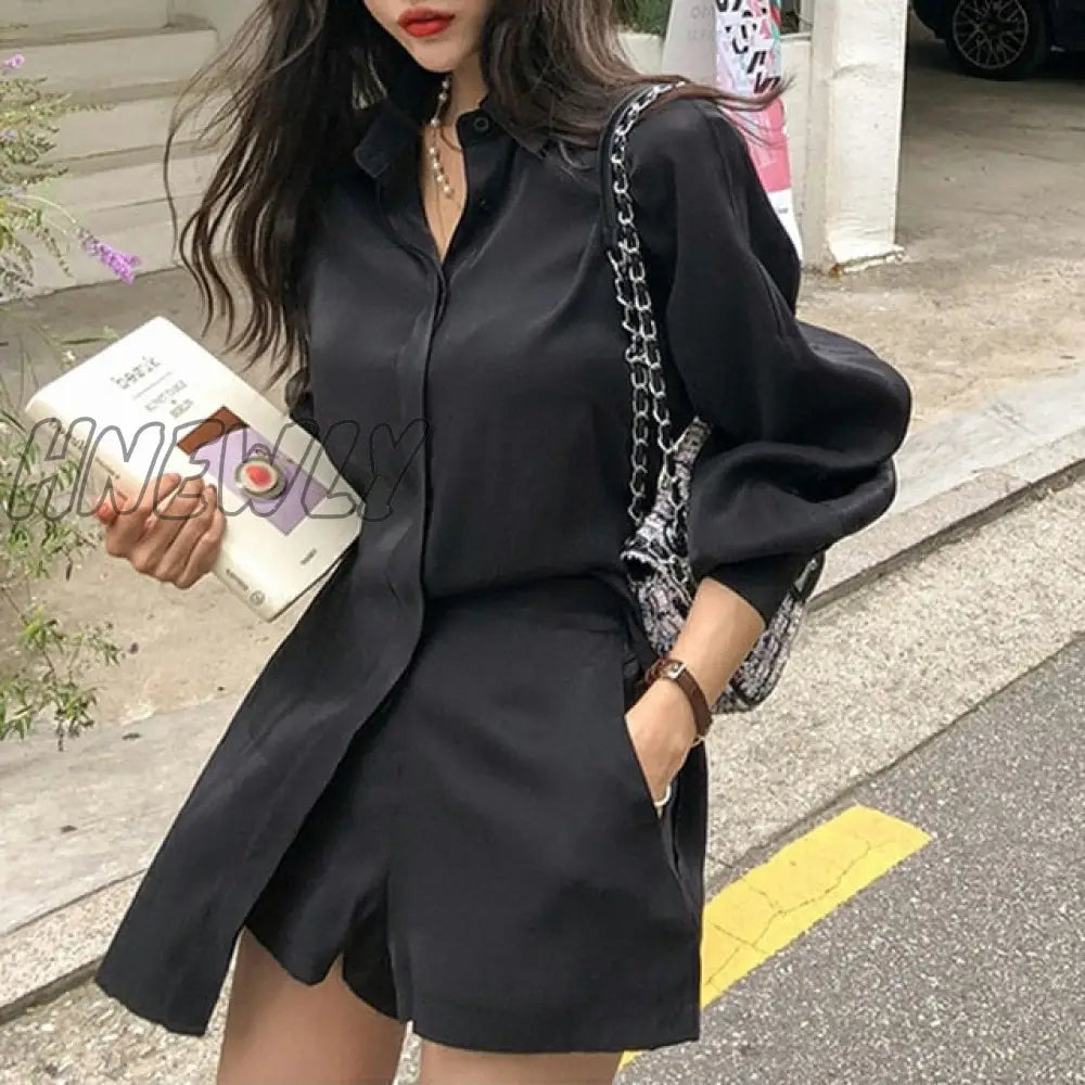 Hnewly Summer Women's Fashion Two-Piece Lantern Sleeves Turn-Down Collar Bow Lace-Up Long Shirt + Short Pant Two-Piece Set