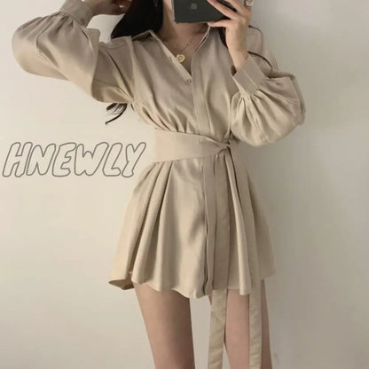 Hnewly Summer Women's Fashion Two-Piece Lantern Sleeves Turn-Down Collar Bow Lace-Up Long Shirt + Short Pant Two-Piece Set