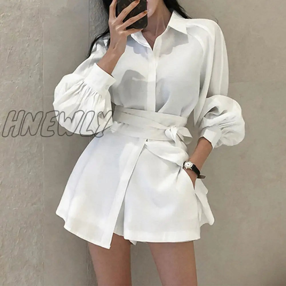 Hnewly Summer Women's Fashion Two-Piece Lantern Sleeves Turn-Down Collar Bow Lace-Up Long Shirt + Short Pant Two-Piece Set