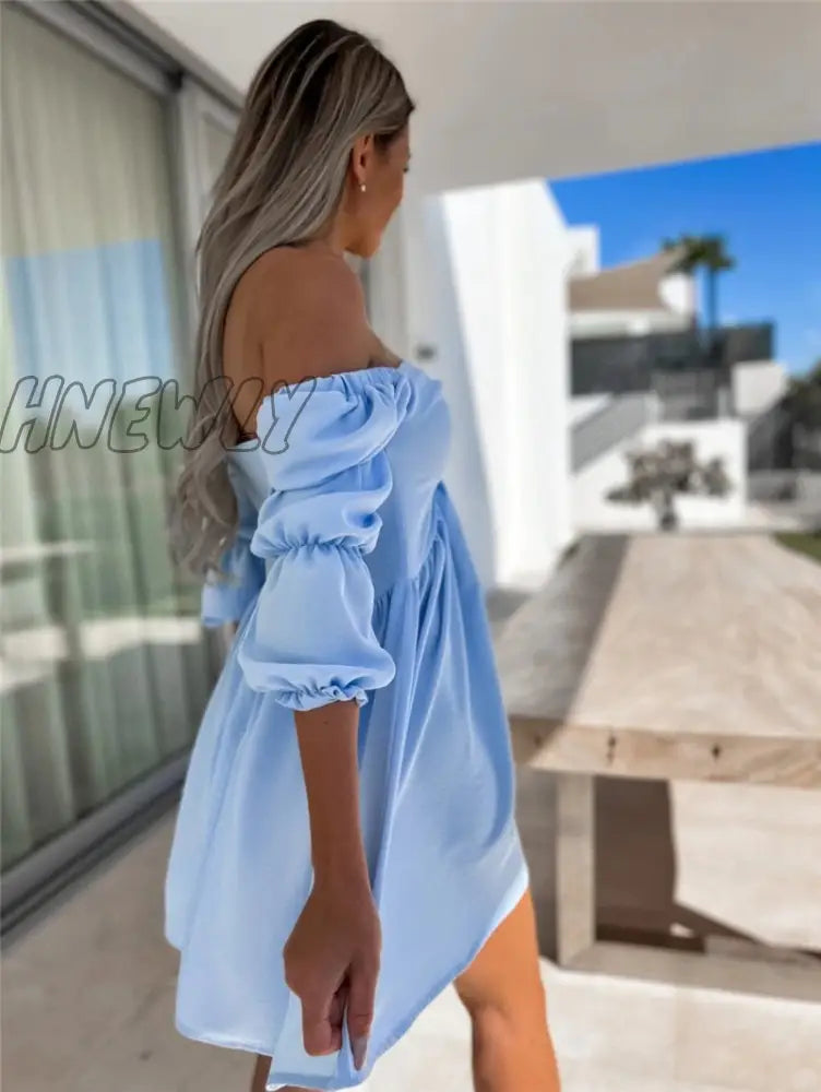 xsrrr Summer Womens Sexy Off Shoulder Half Sleeve Mini Dress Solid Party Dress One Shoulder Slim Bow Dress Fashion Folds Dresses