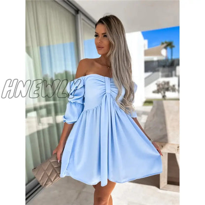 xsrrr Summer Womens Sexy Off Shoulder Half Sleeve Mini Dress Solid Party Dress One Shoulder Slim Bow Dress Fashion Folds Dresses