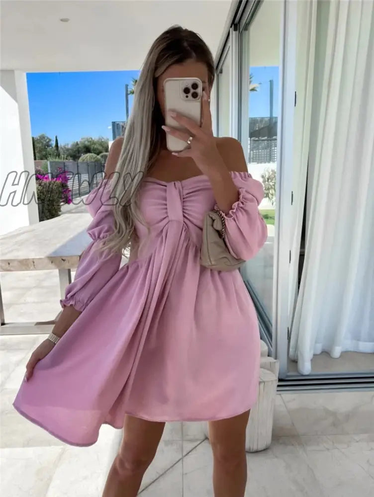 xsrrr Summer Womens Sexy Off Shoulder Half Sleeve Mini Dress Solid Party Dress One Shoulder Slim Bow Dress Fashion Folds Dresses