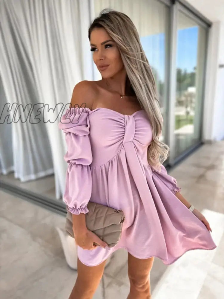 xsrrr Summer Womens Sexy Off Shoulder Half Sleeve Mini Dress Solid Party Dress One Shoulder Slim Bow Dress Fashion Folds Dresses