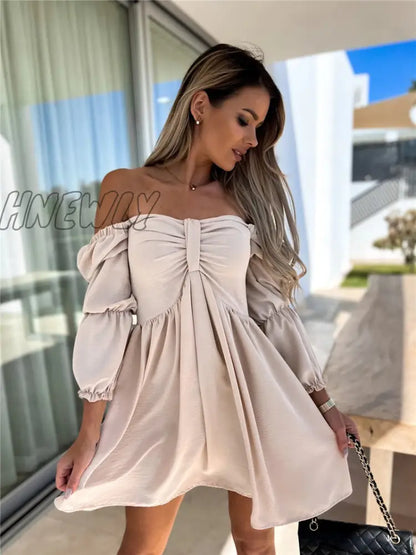 xsrrr Summer Womens Sexy Off Shoulder Half Sleeve Mini Dress Solid Party Dress One Shoulder Slim Bow Dress Fashion Folds Dresses