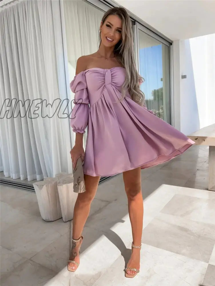 xsrrr Summer Womens Sexy Off Shoulder Half Sleeve Mini Dress Solid Party Dress One Shoulder Slim Bow Dress Fashion Folds Dresses