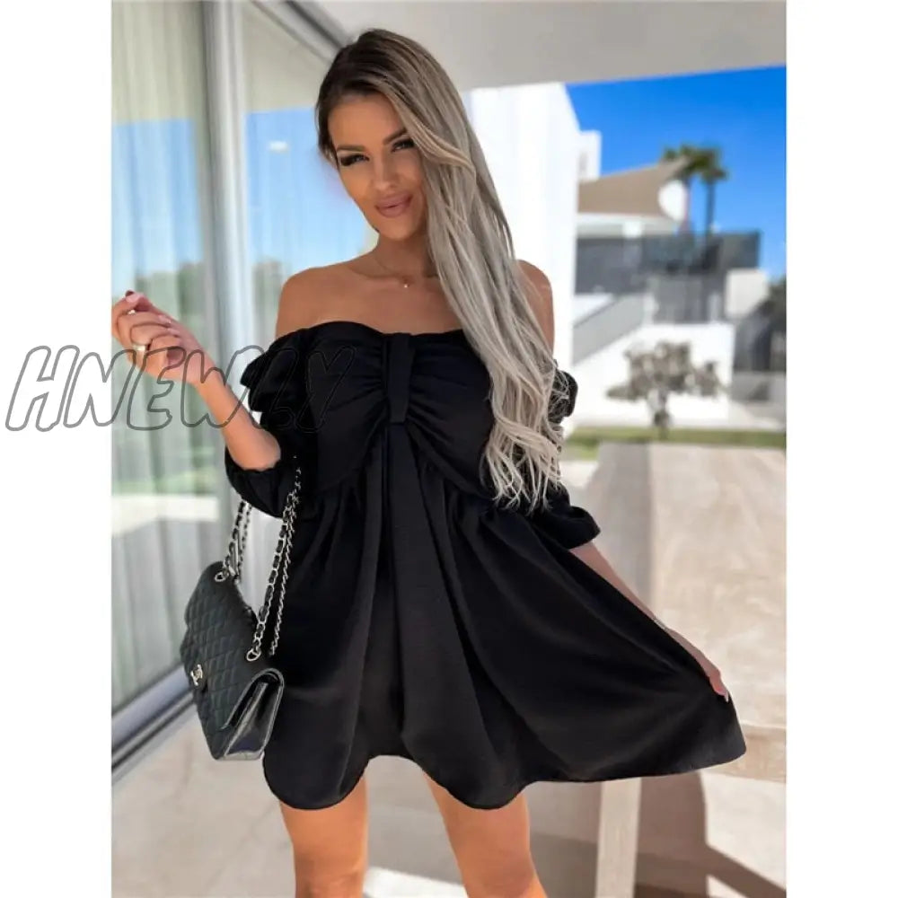 xsrrr Summer Womens Sexy Off Shoulder Half Sleeve Mini Dress Solid Party Dress One Shoulder Slim Bow Dress Fashion Folds Dresses