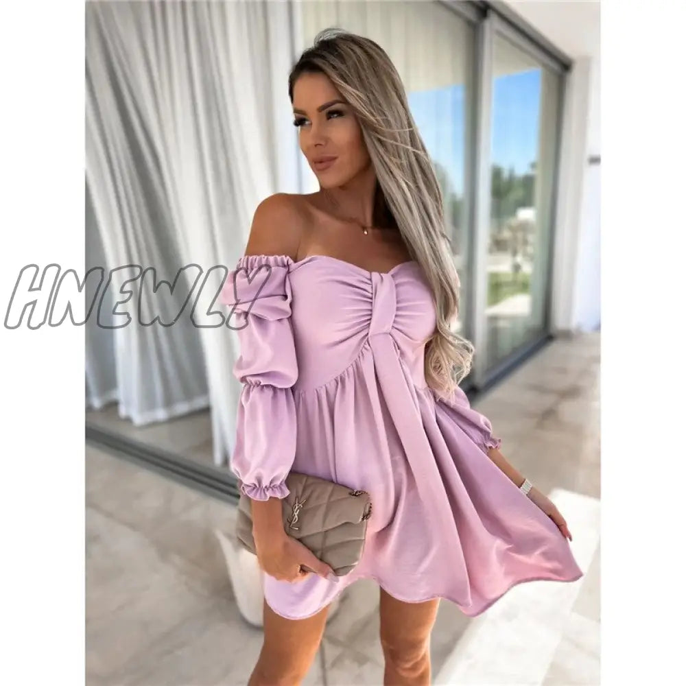 xsrrr Summer Womens Sexy Off Shoulder Half Sleeve Mini Dress Solid Party Dress One Shoulder Slim Bow Dress Fashion Folds Dresses