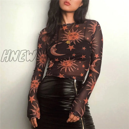 xsrrr Sun Moon Printed Transparent Mesh Sexy T-Shirt Women O-Neck Long Sleeve Slim Basic Casual Female Tops Spring New Edgy Style