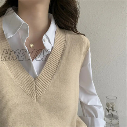 xsrrr Sweater Vest Women V-neck Solid Simple Slim All-match Casual Korean Style Teens Chic Fashion Autumn Winter Sleeveless Sweaters